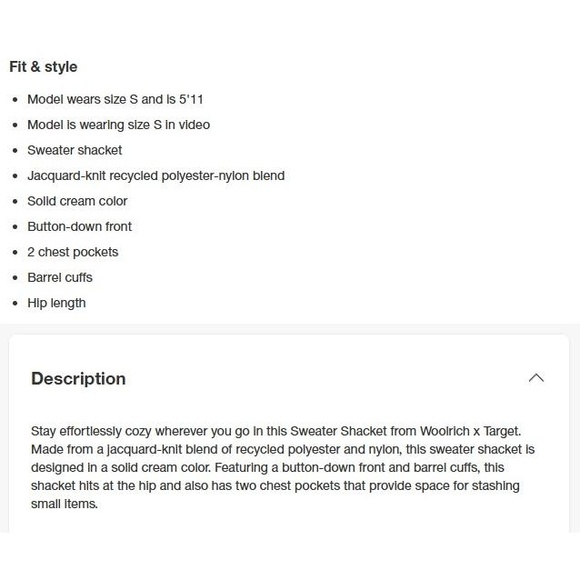 Woolrich x Target Women's S Small Shacket Cream Sweater / Shirt Jacket NWT! - Picture 3 of 7